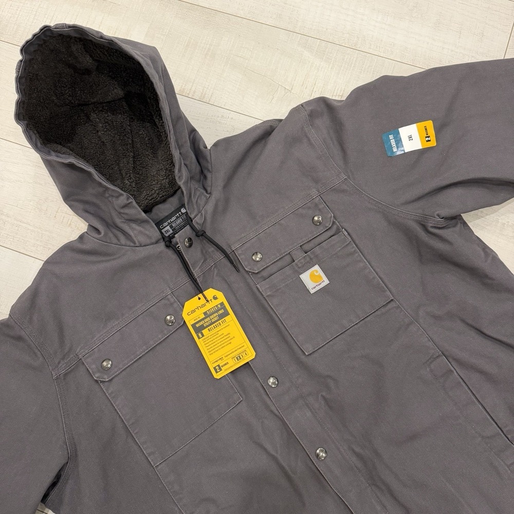 Carhartt Men's Washed Duck Hooded Sherpa-Lined Utility Jacket Gravel Gray XXL